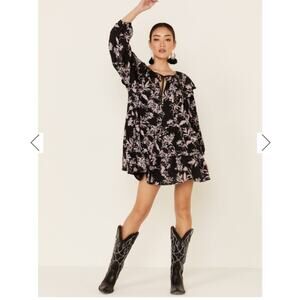 Free People NWT Sunbaked Ruffled Swing Tiered Mini Dress Washed Black Floral L